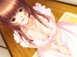  1girl :d ai_no_chikara apron bangs breasts brown_eyes brown_hair cleavage down_blouse downblouse dutch_angle frills from_above game_cg hentai indoors large_breasts long_hair looking_at_viewer naked_apron naughty_face open_mouth red_eyes rug shiera sitting smile solo takanashi_karen 