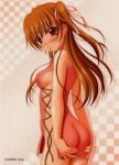 1girl ass bare_shoulders blush breasts brown_eyes character_request china_dress chinese_clothes copyright_request covered_nipples cross-laced_clothes dress embarrassed hair_ribbon highres medium_breasts no_panties orange_hair ribbon scan sideboob sideless_outfit sin-go solo tears