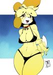  1girl 1girl 2019 animal_crossing anthro bikini black_nose blonde_hair blush blush_stickers breasts canid canine canis clothing digital_media_(artwork) dipstick_tail domestic_dog furry hair isabelle_(animal_crossing) mammal multicolored_tail navel nintendo nipple_outline open_mouth open_smile shih_tzu signature smile swimwear toy_dog video_games zwitterkitsune 