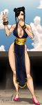 1girl big_breasts black_hair breasts brown_eyes chun-li cleavage cuffs dress female_only full_body hair_ornament huge_breasts legs long_hair megaween one_eye_closed outside ox_horns qipao shoes solo_female street_fighter v