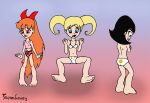 3girls ass black_hair blonde_hair blossom_(ppg) blue_eyes blush bob_cut bow bubbles_(ppg) buttercup_(ppg) cartoon_network cover_up embarrassing frilly_panties green_eyes heart_print long_hair multiple_girls orange_hair panties pink_eyes polka_dot_panties powerpuff_girls printed_panties red_eyes red_hair short_hair shy siblings sisters tied_hair topless twin_tails twintails underwear