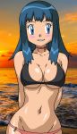  1_girl 1girl alluring bikini blue_eyes blue_hair cleavage dawn dawn_(pokemon) female female_human female_only hikari hikari_(pokemon) human kageta mostly_nude outdoor outside pokemon solo 