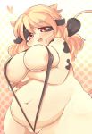  1girl animal_ears areola bbw big_breasts bikini blonde_hair blush bovine breasts chubby cow_ears cow_girl cow_tail female female_only furry hair horns huge_breasts long_hair looking_at_viewer mcdonnell-douglas nipples overweight plump pussy red_eyes skimpy smile solo solo_female swimsuit tail 