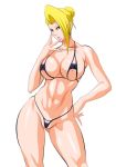  1girl areola_slip areolae bangs bikini black_bikini blonde_hair blue_eyes breasts cameltoe collarbone contrapposto curvy earrings erect_nipples fingernails g-string hair hair_bun hair_over_one_eye hair_up hand_on_hip jewelry king_of_fighters labia large_breasts lime_(purple_haze) long_fingernails long_nails mature mature_(kof) micro_bikini nail_polish navel nipples open_mouth panties partially_visible_vulva pussy sharp_fingernails short_hair simple_background skindentation snk solo standing swimsuit the_king_of_fighters thighs thong uncensored underboob underwear white_background 