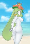  1_girl 1girl anthro anthro_pokemon ass beach breasts female female_anthro female_only female_pokemon green_hair lilligant long_hair looking_at_viewer nude outdoor outside pokemon rapps solo standing 