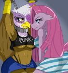  avian bdsm beak blue_eyes blush bondage bound breasts chain chained clothed clothing collar cuffs dress equine feathers female friendship_is_magic gilda gilda_(mlp) gryphon hair hasbro horse imminent_death imminent_rape long_hair looking_at_each_other my_little_pony navel nervous panties panty_shot pink_hair pinkamena pinkamena_(mlp) pinkie_pie pinkie_pie_(mlp) pony shirt skimpy skirt smile sssonic2 sweat thong underboob underwear voluptuous yellow_eyes yuri 
