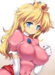  1girl big_breasts blonde_hair blue_eyes breasts brooch bust clothed_navel crown earrings elbow_gloves gloves impossible_clothes impossible_clothing jewelry large_breasts long_hair nagase_haruhito navel nintendo princess princess_peach skin_tight smile solo super_mario_bros. upper_body white_background white_gloves 