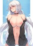  1girl ahoge bangs bare_shoulders big_breasts biting biting_lip black_choker black_sweater blue_sky blush border breasts choker clenched_teeth cloud erect_nipples exposed_breasts eyebrows_visible_through_hair fate/grand_order fate_(series) hair_between_eyes halterneck hands_in_pockets high_resolution jeanne_d&#039;arc_(alter) jjune lip_biting long_hair looking_to_the_side multiple_straps navel nipples nopan off_shoulder paid_reward paipan pink_nipples pussy silver_hair sky standing stomach sweat sweater teeth thighs uncensored very_high_resolution very_long_hair wet white_border yellow_eyes 