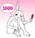  1girl 1girl 2020 anthro anus beastars blush condom daimo domestic_rabbit feet front_view furry genitals haru_(beastars) high_res holding_condom holding_object humanoid_feet humanoid_hands lagomorph leporid looking_at_viewer mammal nude one_eye_closed oryctolagus pink_theme pussy rabbit sexual_barrier_device sitting speech_bubble wink wrapped_condom 