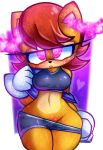  1girl anthro blush breasts chipmunk clothed clothing furry gloves mammal midriff mind_control navel pedrovin possessed possession rodent sally_acorn sega simple_background undressing white_background 