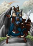 anthro armor big_breasts blue_scales bomba_(krillos) boots breasts female furry helmet komodo_dragon lizard looking_at_viewer lordstevie lordstevie_(artist) monitor_lizard original reptile scalie scar solo sword tail tattoo unconvincing_armour valkyrie warrior weapon wide_hips