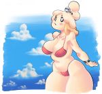  1girl 1girl animal_crossing anthro belly big_breasts bikini bracelet breasts canid canine canis chubby_female clothed clothing cloud domestic_dog furry high_res huge_thighs isabelle_(animal_crossing) jewelry mammal navel nintendo panthera_cantus skimpy slightly_chubby swimwear thick_thighs video_games wide_hips wristband 