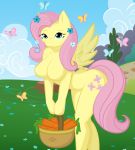 basket blue_eyes breasts butterfly carrot carrots clouds cute cutie_mark equine female female_only flower fluttershy fluttershy_(mlp) friendship_is_magic hair hasbro horse my_little_pony nude outside pink_hair pony sky vegetable whitmaverick wings