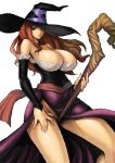 1girl breasts cleavage commentary_request dragon&#039;s_crown dress elbow_gloves gloves hat huge_breasts joy_ride legs lips long_hair no_panties red_hair side_slit solo sorceress_(dragon&#039;s_crown) staff strapless strapless_dress thighs witch_hat