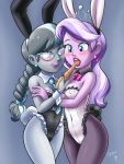  2_girls 2girls blush bunny_ears bunny_tail carrot diamond_tiara diamond_tiara_(mlp) earring female_only friendship_is_magic glasses humanized leotard lipstick my_little_pony partially_clothed silver_spoon silver_spoon_(mlp) standing tiara 