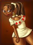  breasts brown_eyes brown_hair cleavage dark_skin dressed earring innocenttazlet leshawna lipstick mole ponytail red_lipstick shiny solo total_drama_island 