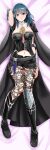 1girl alluring armor big_breasts blue_eyes booty_shorts byleth_(fire_emblem)_(female) dagger dakimakura female_only fire_emblem fire_emblem:_three_houses full_body knife navel nico-mo pantyhose shorts smile solo_female stomach teal_hair
