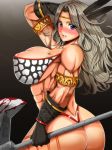  1girl abs amazon_(dragon's_crown) areola_slip areolae ass axe bad_id bare_shoulders blonde_hair blood blush breasts dragon&#039;s_crown dragon's_crown feathers gloves huge_breasts inu_(marukome) jewelry long_hair lots_of_jewelry marukome01 muscle muscles polearm solo weapon 