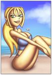 beach big_breasts bikini blonde_hair breasts bridgette_(tdi) cartoon_network cleavage green_eyes hourglass_figure innocenttazlet light-skinned_female lipstick long_blonde_hair long_hair ponytail solo surfer_girl thick_ass thick_legs thick_thighs total_drama_island