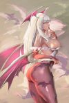  1girl 1girl alternate_color ass big_breasts capcom cleavage cutesexyrobutts darkstalkers high_res hourglass_figure large_ass long_hair morrigan_aensland nipple_slip pantyhose standing succubus thick_thighs white_hair wings 