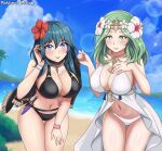 2_girls alluring artist_name bangs bare_shoulders beach big_breasts bikini black_bikini black_cape black_swimsuit blue_eyes blue_sky blush breasts byleth_(fire_emblem)_(female) byleth_(summer)_(fire_emblem)_(female) cape cleavage cloud collarbone cowboy_shot dagger day english_commentary eyebrows_visible_through_hair female_focus female_only fire_emblem fire_emblem:_three_houses fire_emblem_heroes flower flower_in_hair fully_clothed green_eyes green_hair hair_between_eyes hair_flower hair_ornament hand_on_own_chest hand_up high_res leaning_forward lens_flare long_hair looking_at_viewer mature_female midriff multiple_girls navel nintendo ocean outside parted_lips patdarux patdarux_dream rhea_(fire_emblem) rhea_(summer)_(fire_emblem) ribbon sheath sheathed sidelocks sky smile sparkle standing swimsuit teal_hair thick_thighs thigh_gap thighs tiara water weapon white_bikini white_swimsuit wrist_ribbon