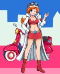 1girl big_breasts blue_eyes blush boots breasts cleavage coat collarbone crop_top female_only goggles goggles_on_head hand_on_hip hand_up helmet long_hair looking_at_viewer midriff miniskirt mona mona_(warioware) mona_pizza moped motor_vehicle motorcycle_helmet navel nintendo one_eye_closed open_mouth orange_hair pink_boots pink_shirt pink_skirt red_hair scooter shirt sigurd_hosenfeld sigurdhosenfeld skirt smile solo standing tank_top vehicle warioware wink