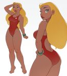  1girl ass barefoot blonde_hair breasts cheshirrr cleavage clothed clothing disney feet full-length_portrait fully_clothed green_eyes lifeguard lifeguard_(lilo_and_stitch) lilo_and_stitch long_hair medium_breasts multiple_views one-piece_swimsuit portrait red_clothing red_swimsuit sexy sexy_ass sexy_body sideboob simple_background swimsuit thick_thighs thighs three-quarter_portrait white_background 