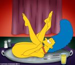 blue_hair cartoon_avenger long_hair marge_simpson milf necklace nude pearls the_simpsons yellow_skin