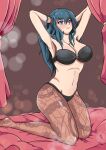 1girl alluring bare_midriff bedroom big_breasts blue_eyes blue_hair byleth_(fire_emblem)_(female) female_only fire_emblem fire_emblem:_three_houses leggings long_hair nintendo on_bed skye_borough solo_female solo_focus teal_hair thick_thighs