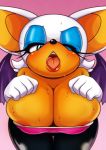  1girl areola big_breasts blue_eyes breasts cleavage clothed clothing female_only hair huge_breasts looking_at_viewer michiyoshi nipple_slip one_eye_closed open_mouth rouge_the_bat sega sweat tongue white_hair wink 