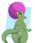  afro alligator anthro ass blush breasts bubble_butt collar earrings female furry jewelry kalypso looking_at_viewer looking_back necklace nude pink_hair pinup red_eyes reptile scalie shiny shiny_skin sideboob solo sssonic2 wide_hips 