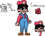  1boy 1girl black_hair boyfriend_(friday_night_funkin) brown_shoes clothed friday_night_funkin_mod gloves goomba goomba_boyfriend hat lipstick mario_madness marios_madness overalls red_shirt saliva_on_tongue thick_thighs thighs tongue_out turmoilette_(pixel34guy) wink 