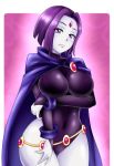  1girl azdraw black_leotard breasts cape clothed curvaceous dc dc_comics female female_only forehead_jewel gloves grey_skin holding_arm leotard lipstick looking_at_viewer makeup navel purple_hair raven_(dc) shiny shiny_skin short_hair smile solo standing superheroine teen_titans underwear 