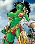  abs armor_malfunction black_hair breasts earrings embarrassing female green_skin jewelry muscle muscles nipples orc red_eyes solo surprise topless tusks twin_tails unconvincing_armor unconvincing_armour wardrobe_malfunction 