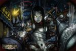 abs armor belly big_daddy big_sister bioshock bioshock_2 black_hair breast_grab clenched_teeth drill female imminent_rape navel pubic_hair rapture_(bioshock) spread_legs steampunk torn_clothes water wet yellow_eyes