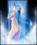  1girl ass bath big_breasts blazbaros blazbaros_(artist) blue_hair breasts closed_eyes from_behind hair long_hair nayru nude oracle_of_ages outdoors pointy_ears shower solo the_legend_of_zelda washing water waterfall waterfall_shower wet 