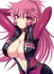  1girl arms_behind_head black_bodysuit blush bodysuit breasts center_opening choker cleavage collar erect_nipples full-length_zipper hidaka_aoi large_breasts long_hair looking_at_viewer megane_man navel no_bra open_clothes pilot_suit pink_hair purple_bodysuit red_eyes simple_background smile unzipped upper_body white_background zipper 