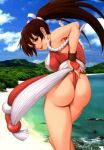  ass beach brown_hair clothed female happy king_of_fighters lipstick long_hair mai_shiranui sideboob thong 
