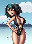 beach bikini black_eyes black_hair breasts cartoon_network cleavage dyed_hair goth green_eyes green_hair gwen_(tdi) hourglass_figure innocenttazlet jewelry lipstick necklace pale-skinned_female smile solo swimsuit thick_ass thick_legs thick_thighs total_drama_island two_tone_hair wasp_waist