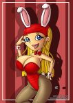 animal_ears big_breasts blonde_hair blue_eyes bow_tie breasts bunny_ears bunnysuit cartoon_network cleavage hourglass_figure huge_breasts innocenttazlet leotard light-skinned_female lindsay_(tdi) lipstick long_blonde_hair long_hair shiny shiny_skin smile solo stockings striped_hair thick_ass thick_legs thick_thighs total_drama_island two_tone_hair wasp_waist