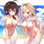 &gt;:p 1:1_aspect_ratio 1girl 2_girls :p adapted_costume ahoge anthropomorphization aqua_eyes areola big_breasts black_hair black_ribbon blonde_hair blue_eyes braid breasts brown_hair cameltoe completely_nude completely_nude_female duo hair_flaps hair_ornament hair_over_shoulder hair_ribbon hairclip high_resolution kantai_collection long_hair medium_breasts multiple_girls navel nipples nude nude_female nude_filter pixiv_id_30634099 pussy red_eyes remodel_(kantai_collection) ribbon sailor_collar scarf shigure_(kantai_collection) single_braid sky stomach thighs third-party_edit tied_hair tongue white_neckwear white_scarf xue_lu_(kantai_collection) yuudachi_(kantai_collection)