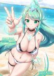  1girl alluring beach big_breasts bikini green_hair halhal matching_hair_and_eye_color nintendo ocean pneuma_(xenoblade) v xenoblade_(series) xenoblade_chronicles_2 