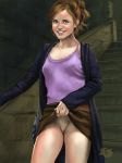 1girl breasts clothed emma_watson female_only hairless_pussy harry_potter hermione_granger kinkyjimmy no_panties pussy skirt skirt_lift solo_female upskirt 