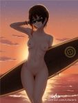  1girl 1girl 1girl armpits asymmetrical_hair bracelet breasts brown_eyes brown_hair clavicle coco_adel cslucaris gluteal_fold holding_surfboard jewelry looking_to_the_side nipples nude outside pussy rwby short_hair_with_long_locks sidelocks signature sky small_breasts star_(sky) starry_sky sunglasses sunset surfboard thigh_gap watermark web_address 