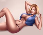 1girl android_18 big_breasts blonde_hair blue_eyes breasts cleavage dragon_ball dragon_ball_z female_only flowerxl hourglass_figure lipstick looking_at_viewer milf panties solo_female vest voluptuous