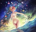  1girl 1girl 1girl anbe_yoshirou armpits blonde bow braid breasts cleavage deity_wars flower hair_flower hair_ornament happy in_water navel night nipples nude ocean open_mouth orange_hair orthia_(ragnabreak) outstretched_arms palm_tree partially_submerged petals purple_eyes pussy shinma_x_keishou!_ragnabreak short_hair sky smile splashing star_(sky) starry_sky stars sunset third-party_edit tied_hair tree uncensored wading water water_drop wet 