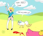  adventure_time animal_ears black_eyes blonde_hair blood blue_eyes bottomless cake_the_cat cat fionna_the_human funny long_hair no_panties nosebleed pink_hair prince_gumball pubic_hair pussy short_hair skirt_lift surprise 