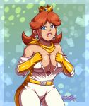  1girl 2019 bandanna bare_shoulders belt big_breasts blue_eyes bodysuit breasts brown_hair cleavage crown dpsiko earrings gloves jumpsuit large_breasts lips long_hair looking_at_viewer mrdeepay parted_lips princess_daisy sidelocks signature smile super_mario_bros. thighs yellow_gloves 