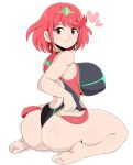 1girl ass bangs bare_shoulders barefoot big_ass big_butt blush breasts butt competition_swimsuit dat_ass earrings erect_nipples feet full_body hair_ornament jewelry jinu looking_at_viewer looking_back nintendo one-piece_swimsuit pyra red_eyes red_hair short_hair sideboob simple_background sitting smile swep swimsuit thicc thick thick_ass thick_thighs thighs wide_hips xenoblade xenoblade_(series) xenoblade_chronicles xenoblade_chronicles_2