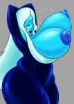  1girl areola arms_behind_head blue_diamond blue_diamond_(steven_universe) blue_dress blue_skin breasts breasts_outside closed_eyes daredemon7000 dress erect_nipples female female_only grey_background huge_breasts long_hair nipples open_mouth simple_background solo solo_female steven_universe thick_thighs thighs white_hair wide_hips 